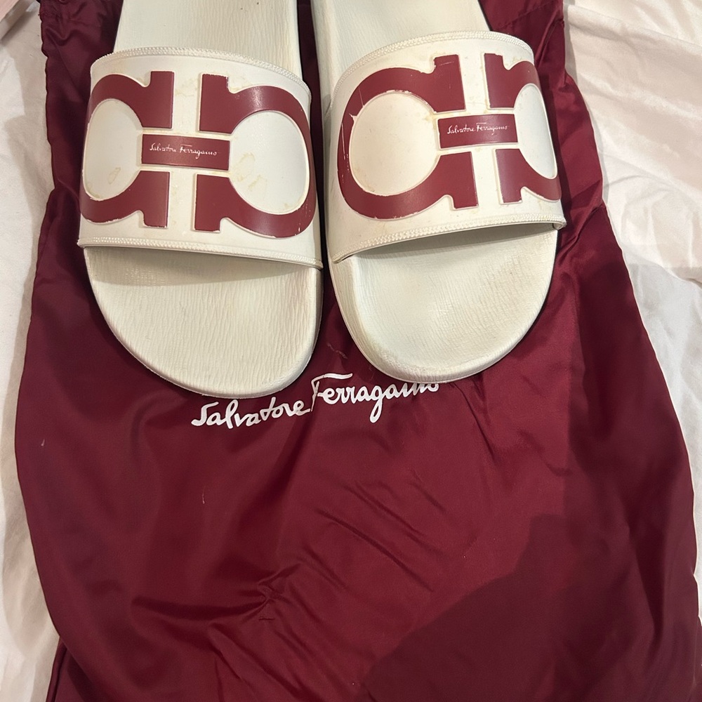 Salvatore Ferragamo Cream and Burgundy Slides
